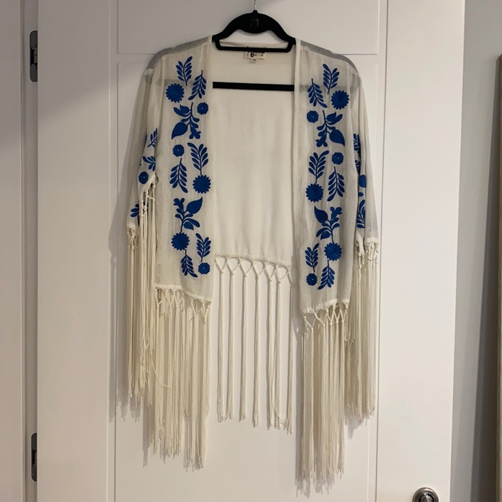 Cream and blue fringe beach coverup